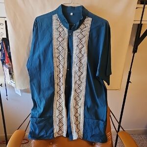 Men's Blue Embroidered Shirt Jacket